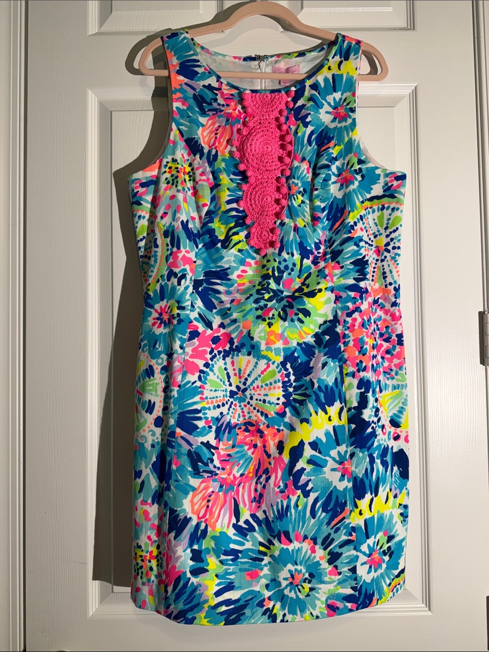 Lilly Pulitzer Adara Shift Dress “Dive In” tie-dye with Pink Crochet Placket